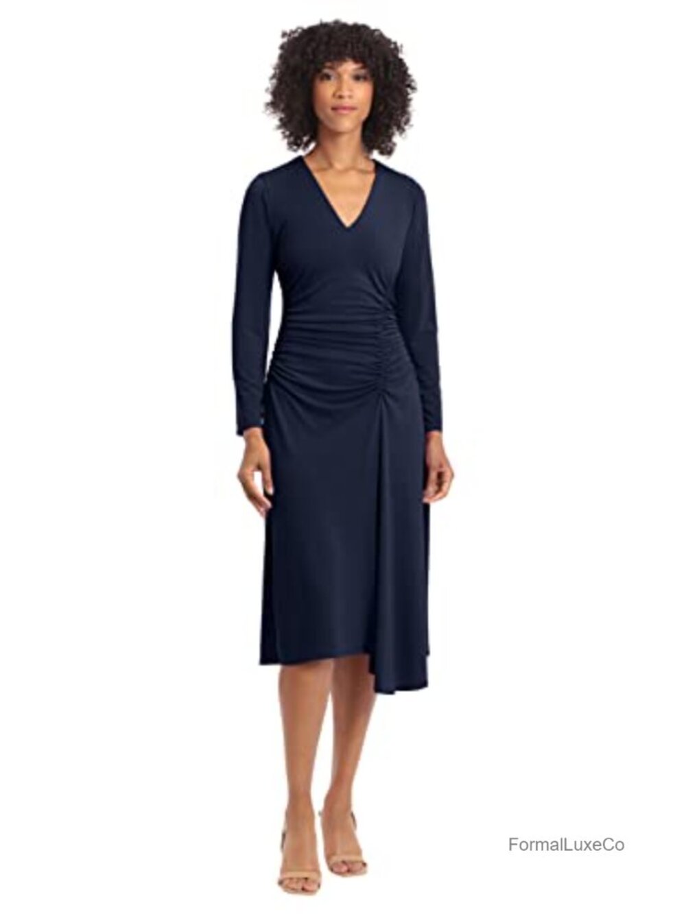 Matte Jersey Fit and Flare Knee-Length Dress Long Sleeve V-Neck